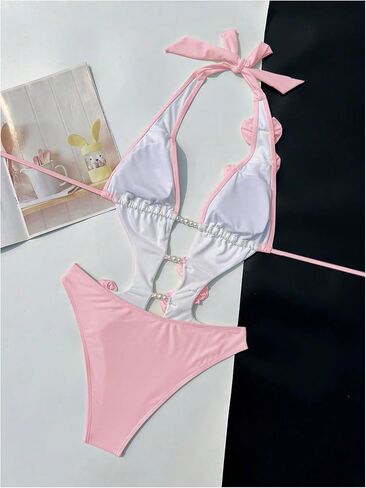 Wdirara Women's 3D Floral Cut One One One Swimsuit Deep v Tie Devin Halter Wartybly in Kuwait