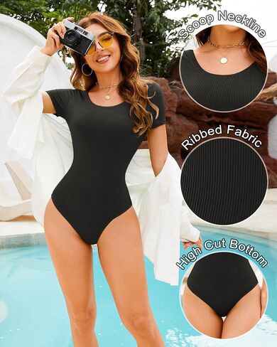 Tummy Control Swimsuits for Women Ribbed One Piece Bathing Suit Full Coverage Retro Short Sleeve Black Swim Suit in Saudi Arabia
