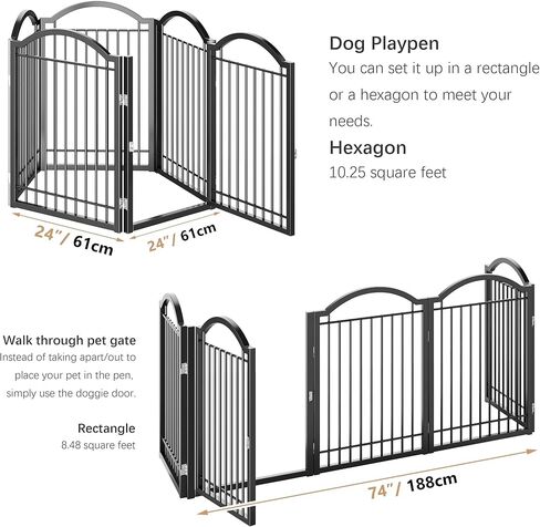 BHG Metal Metal No-Assembly Freistanding Dog Gate مع Door Walk من خلال ، 72 "، 72" ، طولًا إضافيًا 32 "بوابة PET ، جرو أكورديون ، سياج الكلب القابل للطي ، مع دعم 2pcs (أسود ، 3 لوحات) in Kuwait
