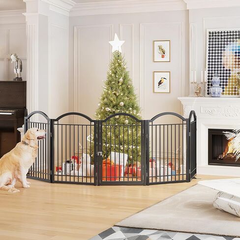 BHG Metal Metal No-Assembly Freistanding Dog Gate مع Door Walk من خلال ، 72 "، 72" ، طولًا إضافيًا 32 "بوابة PET ، جرو أكورديون ، سياج الكلب القابل للطي ، مع دعم 2pcs (أسود ، 3 لوحات) in Kuwait