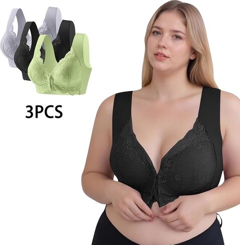 Daisy Bras لكبار السن 3 حزمة الإغلاق الأمامي لا يوجد دانتيل داخلي ملطخ حمالات صامتة كاملة in Kuwait