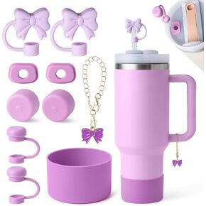 10PCS Stanley Cup Accessories Set, Stanley Accessories Include 2PCS Bow Straw Covers, 1 Cute Bow Handle Charm, 2 Set of 3 Silicone Spill-Proof Stoppers, 1 Silicone Boot Fits Stanleys Cup 40&30Oz in Kuwait