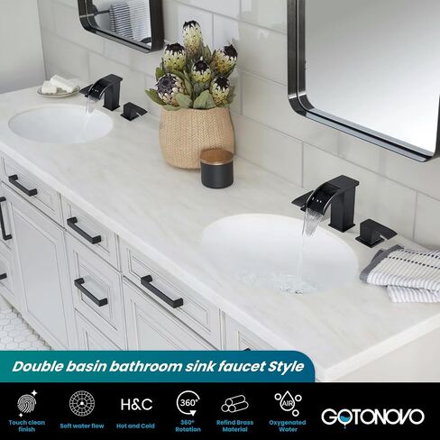 gotonovo Waterfall 8 inch Widespread Bathroom Faucet Set Bathroom Sink Faucet 3 Hole 2 Handle Vanity Lavatory Deck Mount with Pop Up Drain and Water Supply Lines Square Body Matte Black in Kuwait