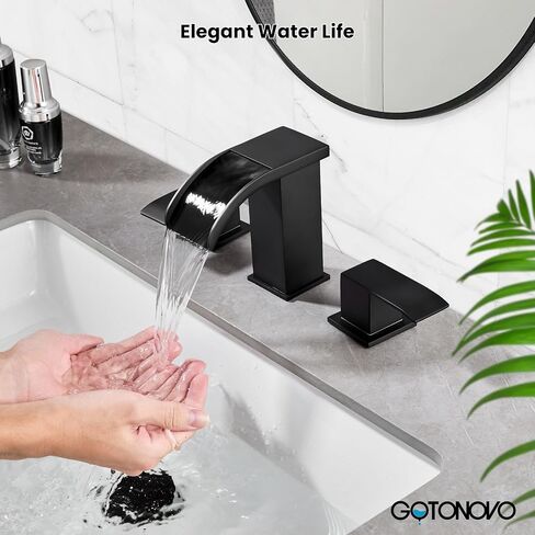 gotonovo Waterfall 8 inch Widespread Bathroom Faucet Set Bathroom Sink Faucet 3 Hole 2 Handle Vanity Lavatory Deck Mount with Pop Up Drain and Water Supply Lines Square Body Matte Black in Kuwait