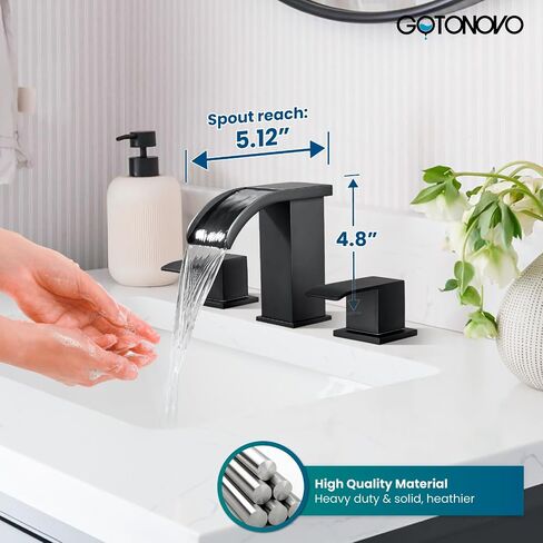gotonovo Waterfall 8 inch Widespread Bathroom Faucet Set Bathroom Sink Faucet 3 Hole 2 Handle Vanity Lavatory Deck Mount with Pop Up Drain and Water Supply Lines Square Body Matte Black in Kuwait