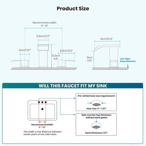 gotonovo Waterfall 8 inch Widespread Bathroom Faucet Set Bathroom Sink Faucet 3 Hole 2 Handle Vanity Lavatory Deck Mount with Pop Up Drain and Water Supply Lines Square Body Matte Black in Kuwait