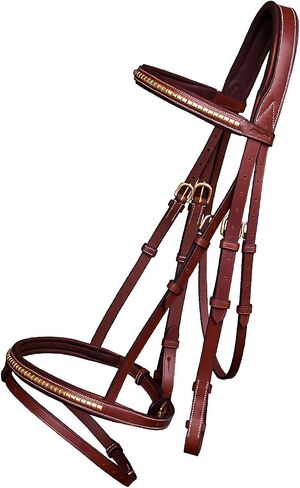 Exion English Jumping Bridle with Flash – Soft Lined Crownpiece, Brass Clincher Studded Browband, Flash Noseband, Rubber Reins – Black & Brown – Premium Vegetable-Tanned Leather in Saudi Arabia