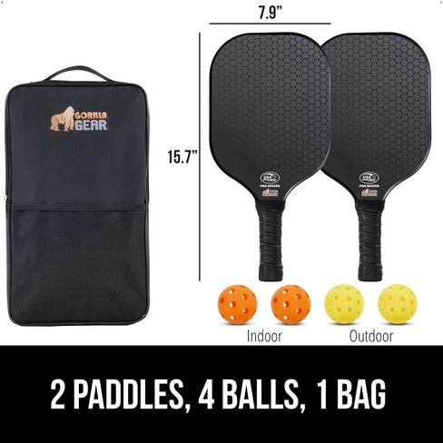 Gorilla Gear USAPA Approved Pickleball Starter Set, Fiberglass Paddles with Bag and Balls, Indoor Outdoor Court Use, Comfortable Racket Grip, Oversized Sweet Spot Pickle Ball Paddle for Men, Women in Saudi Arabia