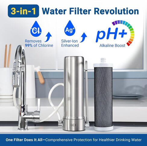 LCF Alkaline Countertop Water Filter, 𝐒𝐢𝐥𝐯𝐞𝐫 𝐈𝐨𝐧𝐬 Enhanced 6-Stage Stainless Steel Water Filter for Sink Faucet, Reduces Heavy Metals, Bad Taste & 99% Chlorine, 16,000 Gallons(2 Filters) in Kuwait
