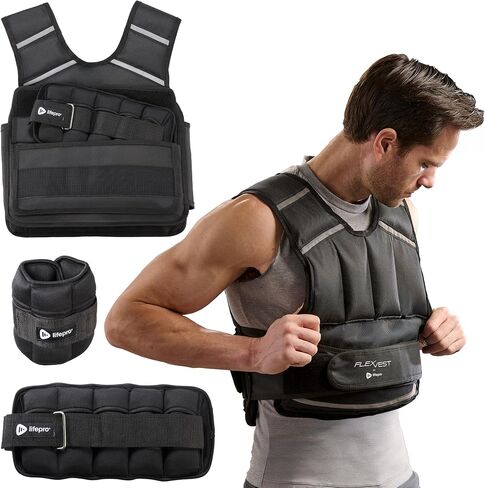 Lifepro 2-in-1 Adjustable Weighted Vest + Ankle Weights (15 & 20lbs) - Running weighted vest for Women & Men with Reflective Stripe, Phone Pocket - Workout Equipment for Strength Training & Fitness in Saudi Arabia