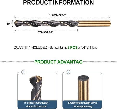 METALLIXITY Drill Bit (1/4") 2Pcs, M2 High-Speed Steel Straight Shank Spiral Flute 135°Point Tip Black and Gold Finish for Stainless Steel Iron Copper Aluminum Hard Metal in Saudi Arabia
