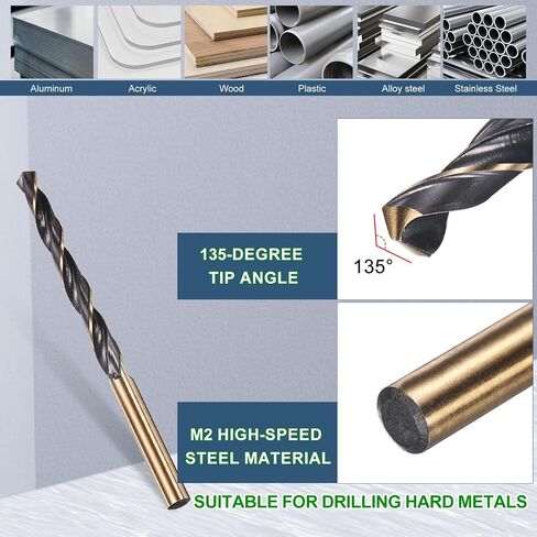 METALLIXITY Drill Bit (1/4") 2Pcs, M2 High-Speed Steel Straight Shank Spiral Flute 135°Point Tip Black and Gold Finish for Stainless Steel Iron Copper Aluminum Hard Metal in Saudi Arabia