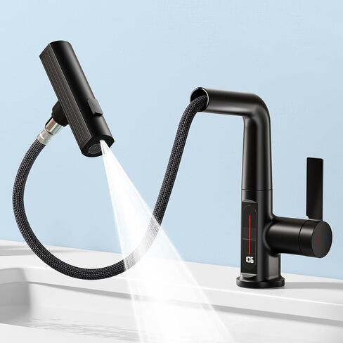 SINGSUO Bathroom Sink Faucet 1 Hole with Temperature Display, Single Hole Rotatable Bathroom Faucet with Pull Out Sprayer, Modern Pull Down Faucet with 360°Swivel Spout, 3 Spray Modes (Brushed Nickel) in Saudi Arabia