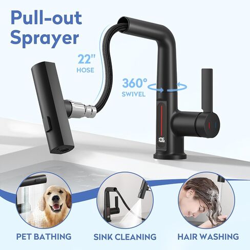 SINGSUO Bathroom Sink Faucet 1 Hole with Temperature Display, Single Hole Rotatable Bathroom Faucet with Pull Out Sprayer, Modern Pull Down Faucet with 360°Swivel Spout, 3 Spray Modes (Brushed Nickel) in Saudi Arabia