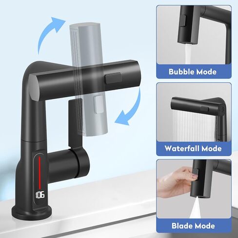 SINGSUO Bathroom Sink Faucet 1 Hole with Temperature Display, Single Hole Rotatable Bathroom Faucet with Pull Out Sprayer, Modern Pull Down Faucet with 360°Swivel Spout, 3 Spray Modes (Brushed Nickel) in Saudi Arabia
