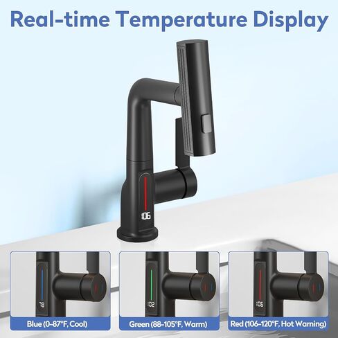 SINGSUO Bathroom Sink Faucet 1 Hole with Temperature Display, Single Hole Rotatable Bathroom Faucet with Pull Out Sprayer, Modern Pull Down Faucet with 360°Swivel Spout, 3 Spray Modes (Brushed Nickel) in Saudi Arabia