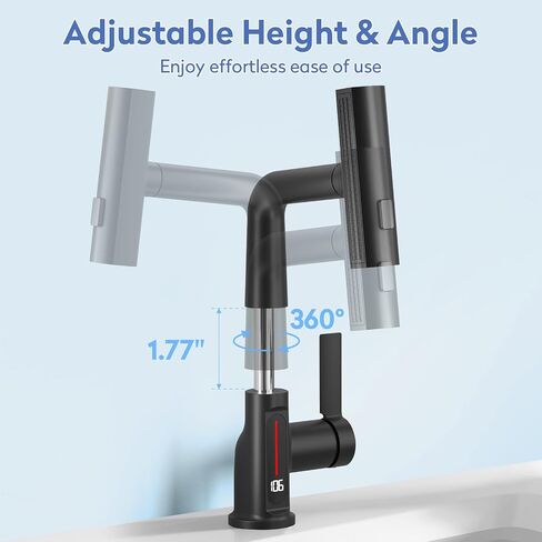 SINGSUO Bathroom Sink Faucet 1 Hole with Temperature Display, Single Hole Rotatable Bathroom Faucet with Pull Out Sprayer, Modern Pull Down Faucet with 360°Swivel Spout, 3 Spray Modes (Brushed Nickel) in Saudi Arabia
