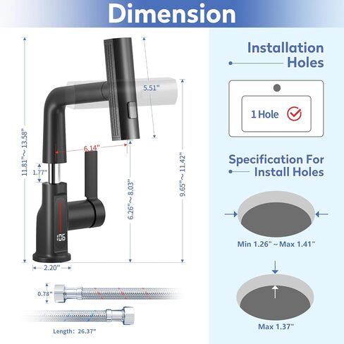 SINGSUO Bathroom Sink Faucet 1 Hole with Temperature Display, Single Hole Rotatable Bathroom Faucet with Pull Out Sprayer, Modern Pull Down Faucet with 360°Swivel Spout, 3 Spray Modes (Brushed Nickel) in Saudi Arabia