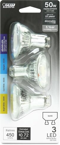 Feit Electric MR16 LED LED LIGHT LIGHT ، 50W مكافئ ، قابلة للضايق ، قاعدة GU10 ، 90+ CRI ، 450 LUMEN ، إضاءة مسار درجة حرارة اللون القابلة للتعديل ، عمر 25000 ساعة ، BPMR16GU10503CCTCA/3 ، 3 عبوات in Kuwait