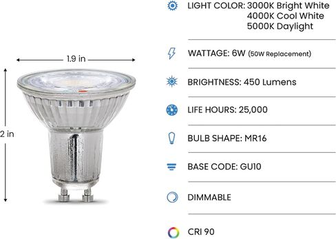 Feit Electric MR16 LED LED LIGHT LIGHT ، 50W مكافئ ، قابلة للضايق ، قاعدة GU10 ، 90+ CRI ، 450 LUMEN ، إضاءة مسار درجة حرارة اللون القابلة للتعديل ، عمر 25000 ساعة ، BPMR16GU10503CCTCA/3 ، 3 عبوات in Kuwait