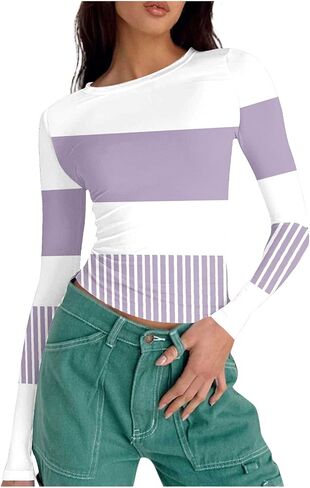 Long Sleeve Crop Tops for Women Slim Fitted Basic Cute Y2k Striped Print Tees Crew Neck Fall Fashion Going Out Shirt in Saudi Arabia