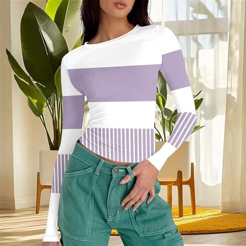 Long Sleeve Crop Tops for Women Slim Fitted Basic Cute Y2k Striped Print Tees Crew Neck Fall Fashion Going Out Shirt in Saudi Arabia