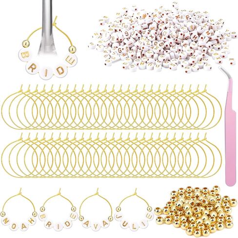 Outus 50 Set DIY Wine Glass Charms 1000 Letters Beads 100 Golden Beads 50 Rings for Stem Glasses 1 Tweezer Custom Personalized Charms Wine Glass Markers for Wedding Party Bridal Shower in Saudi Arabia
