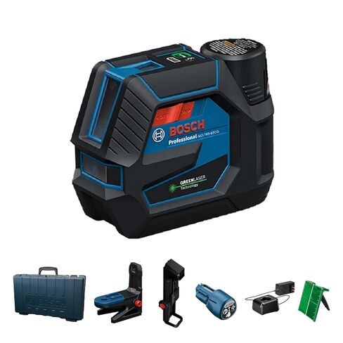 BOSCH GCL165-82CGL 12V Max Connected Green-Beam Cross-Line Laser with Plumb Points, Bluetooth, IP65 Durability, 125 Ft Range, VisiMax Technology, Includes 12V Battery & Charger and Magnetic Mount in Kuwait