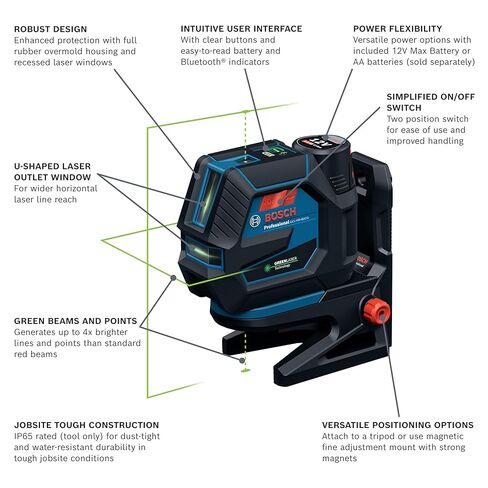 BOSCH GCL165-82CGL 12V Max Connected Green-Beam Cross-Line Laser with Plumb Points, Bluetooth, IP65 Durability, 125 Ft Range, VisiMax Technology, Includes 12V Battery & Charger and Magnetic Mount in Kuwait