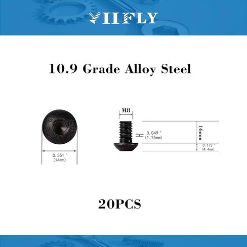 M8-1.25 x 16mm,M8 Button Head Socket Cap Bolts Screws, 10.9 Grade Alloy Steel, Allen Socket Drive, Black Oxide Finish, Full Thread, Quantity 10 in Saudi Arabia