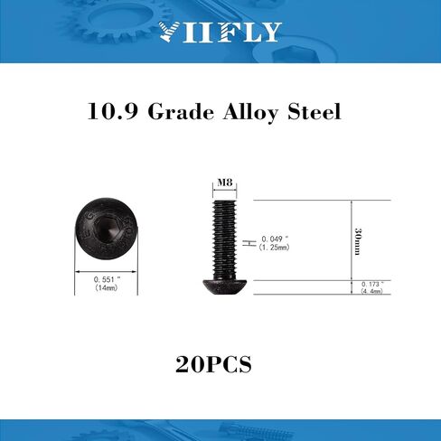 M8-1.25 x 16mm,M8 Button Head Socket Cap Bolts Screws, 10.9 Grade Alloy Steel, Allen Socket Drive, Black Oxide Finish, Full Thread, Quantity 10 in Saudi Arabia