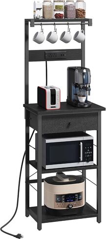 Bakers Rack with Drawer, Microwave Stand with Power Outlet, Coffee Bar Station with 4 Hooks, Kitchen Storage Shelf Rack 4 Tiers, for Kitchen, Dining Room, Black BRBK48E01 in Saudi Arabia