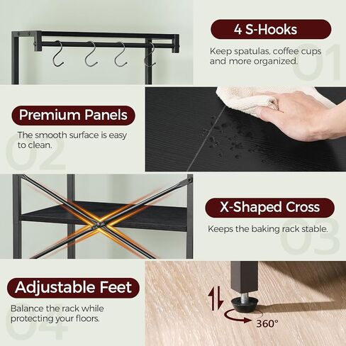 Bakers Rack with Drawer, Microwave Stand with Power Outlet, Coffee Bar Station with 4 Hooks, Kitchen Storage Shelf Rack 4 Tiers, for Kitchen, Dining Room, Black BRBK48E01 in Saudi Arabia