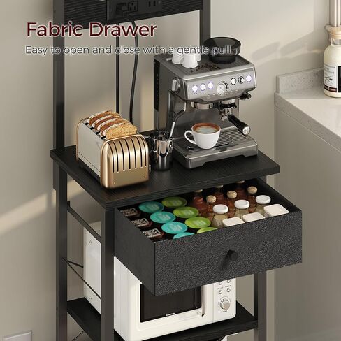 Bakers Rack with Drawer, Microwave Stand with Power Outlet, Coffee Bar Station with 4 Hooks, Kitchen Storage Shelf Rack 4 Tiers, for Kitchen, Dining Room, Black BRBK48E01 in Saudi Arabia