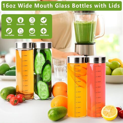 4 Pack 10 oz Glass Juice Bottles with Stainless Steel Lids Wide Mouth Borosilicate Glass Shaker bottle for Juicing, Protein, Smoothies, Reusable, Leak Proof, Dishwasher Safe Glass Water Bottles in Saudi Arabia