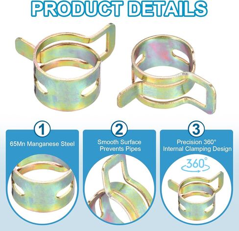 PATIKIL Spring Band Hose Clamps for 12.5-13.2mm OD Hose, 10 Pack Silicone Vacuum Constant Tension Band Clips for Fuel Line Silicone Air Hose Tube Water Pipe, Gold in Saudi Arabia