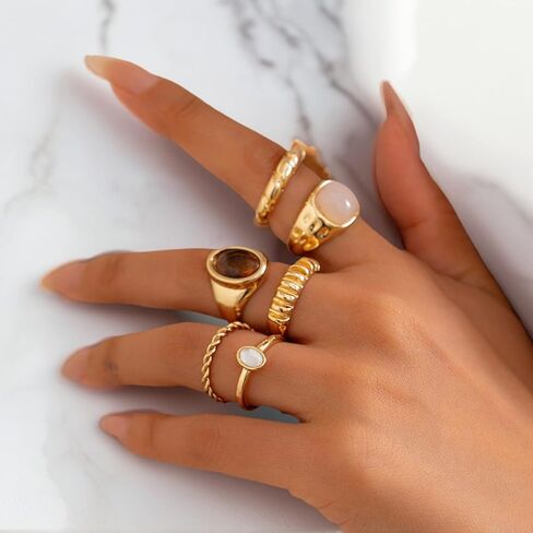 HUASAI Chunky Gold Gem Rings for Women Statement Shell Stackable Rings Knuckle Thumb Ring Trendy Jewelry Gifts 2025 Boho Y2K Adjustable Ring Set in Saudi Arabia