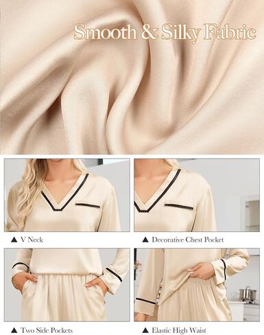 Blooming Jelly Womens Pajamas Set Satin 2 Piece Lounge Pj Cute Silk Long Sleeve Fall Sleepwear with Pockets in Saudi Arabia