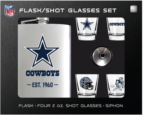 Denco NFL Dallas Cowboys Flask ومجموعة زجاجية من الفولاذ المقاوم للصدأ ، قارورة 8 أوقية مع أربعة أكواب 2oz ، تصميم شعار الفريق in Saudi Arabia