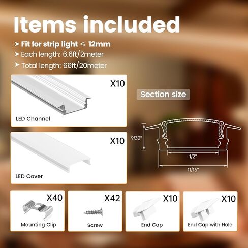 Muzata 10Pack 6.6FT/2M Recessed LED Channel U Shape Black Aluminum LED Strip Diffuser Channel with Milky White Cover U127 WW 2M in Saudi Arabia