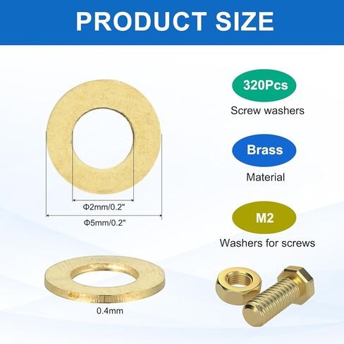 Meccanixity 320 Pack Brass Brass Washer ، M2 Copper Washers Crush Kit Kit Linds ، 2mm id ، 5mm OD ، سمك 0.4 مم للبراغي إصلاح آلات البراغي ، البناء في الهواء الطلق in Saudi Arabia