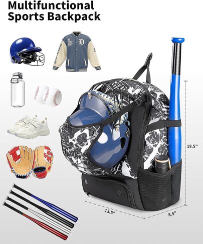 Youth Baseball Bag, Softball Bat Bag for Girls Boys & Adults, Kids Tball Backpack with Shoes Compartment, Large Capacity Equipment Backpack in Saudi Arabia