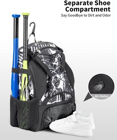 Youth Baseball Bag, Softball Bat Bag for Girls Boys & Adults, Kids Tball Backpack with Shoes Compartment, Large Capacity Equipment Backpack in Saudi Arabia