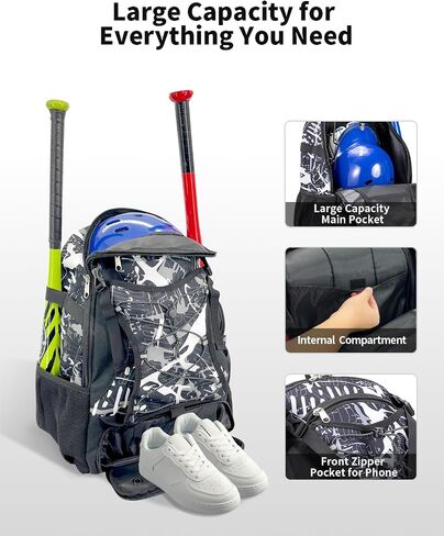 Youth Baseball Bag, Softball Bat Bag for Girls Boys & Adults, Kids Tball Backpack with Shoes Compartment, Large Capacity Equipment Backpack in Saudi Arabia