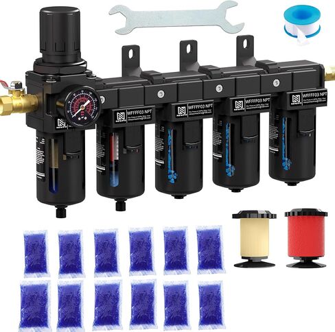 NEWPO 1/2 Inch NPT Five Stage Air Drying System,Brass Filter,Triple Desiccant Dryer and Air Regulator,Coalescing Filter,air Pressure Regulator with 5＆0.01 Micron-Blue in Kuwait