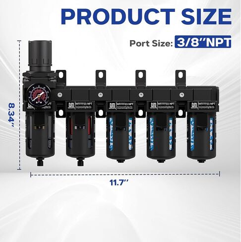 NEWPO 1/2 Inch NPT Five Stage Air Drying System,Brass Filter,Triple Desiccant Dryer and Air Regulator,Coalescing Filter,air Pressure Regulator with 5＆0.01 Micron-Blue in Kuwait