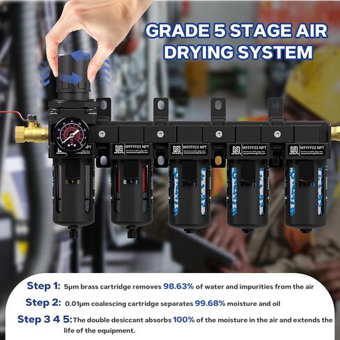 NEWPO 1/2 Inch NPT Five Stage Air Drying System,Brass Filter,Triple Desiccant Dryer and Air Regulator,Coalescing Filter,air Pressure Regulator with 5＆0.01 Micron-Blue in Kuwait