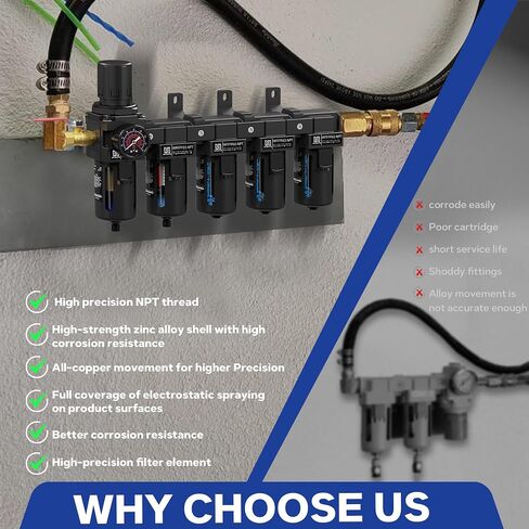 NEWPO 1/2 Inch NPT Five Stage Air Drying System,Brass Filter,Triple Desiccant Dryer and Air Regulator,Coalescing Filter,air Pressure Regulator with 5＆0.01 Micron-Blue in Kuwait
