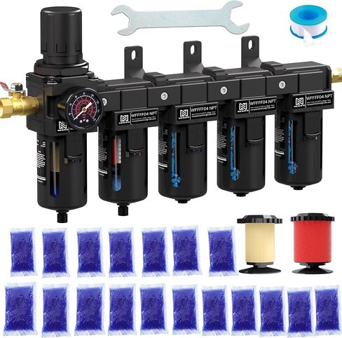 NEWPO 1/2 Inch NPT Five Stage Air Drying System,Brass Filter,Triple Desiccant Dryer and Air Regulator,Coalescing Filter,air Pressure Regulator with 5＆0.01 Micron-Blue in Kuwait
