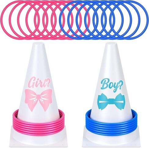Leitee 16 Pcs Gender Reveal Party Boy or Girl Ring Toss Game Include 2 Plastic Cones 12 Pink Blue Toss Rings and 2 Gender Stickers for Guests Baby Shower Party Supplies in Saudi Arabia